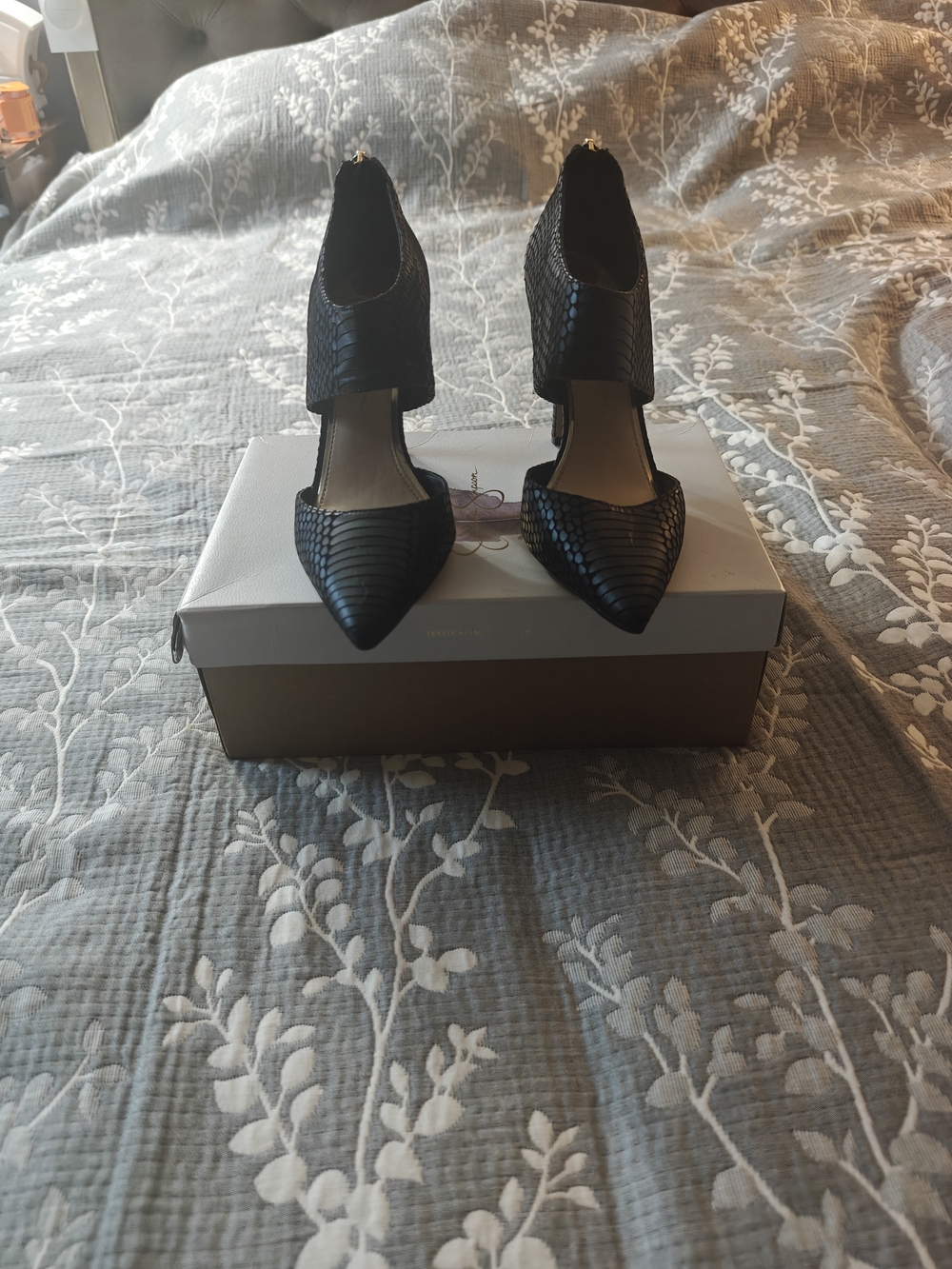 Jessica Simpson Black Textured Pointed Toe Heels with Ankle Strap